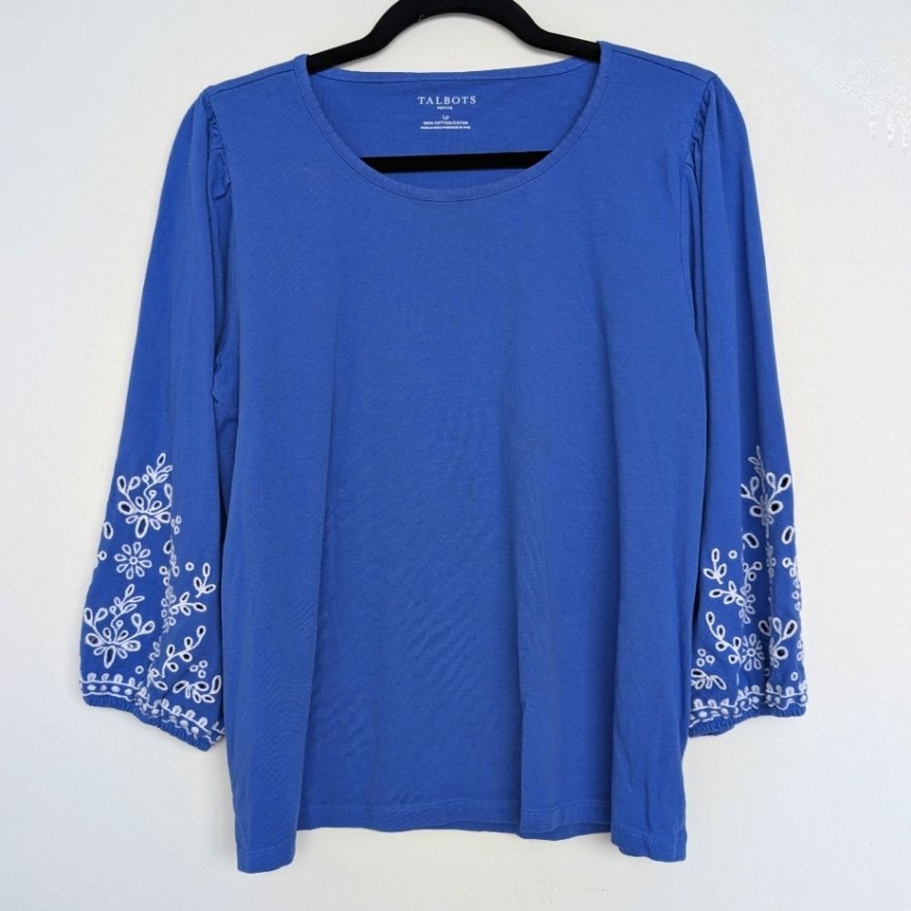 Talbots Blue 100% Cotton Eyelet Embroidered Puff 3/4 Sleeve Blouse Sz LP